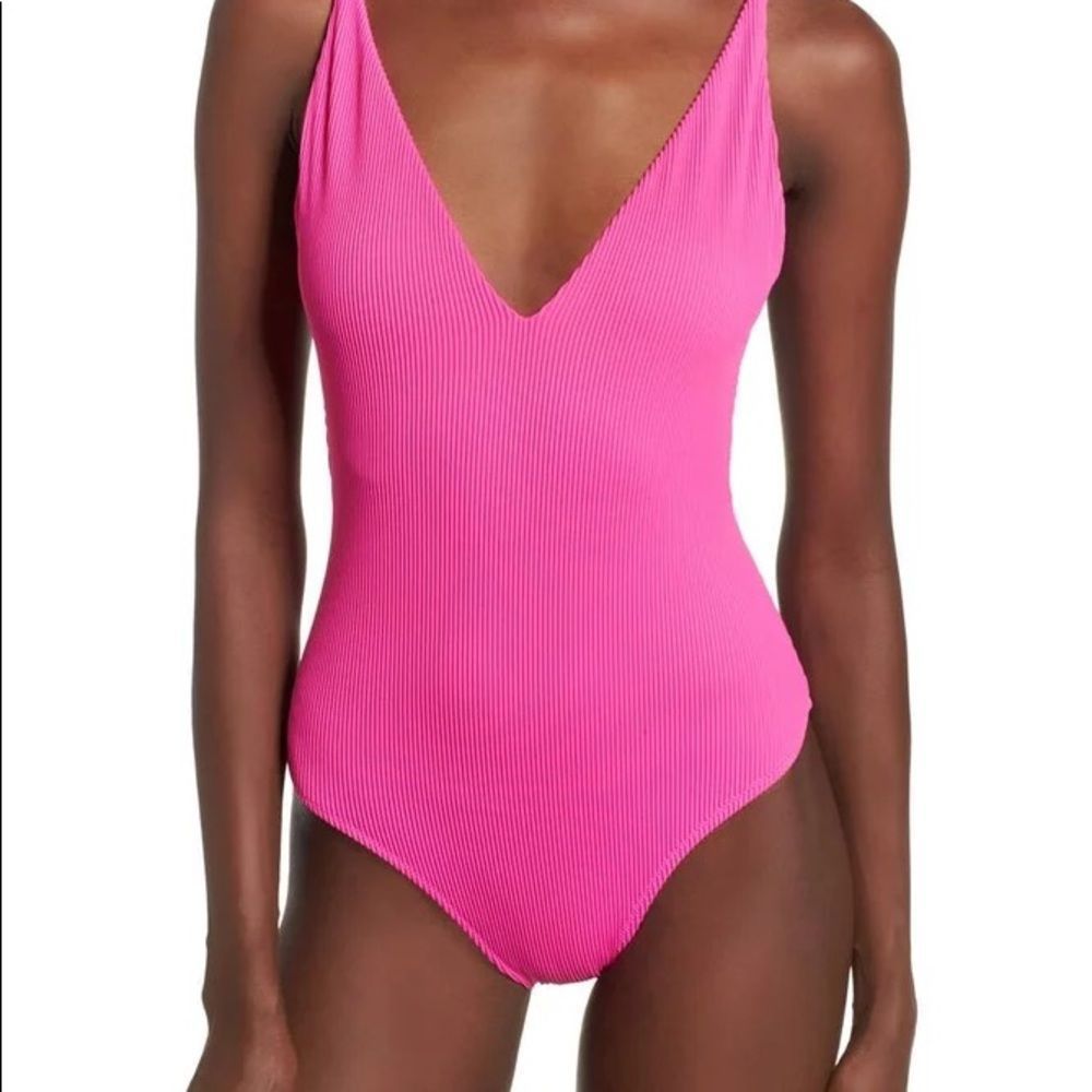 Hot Pink Ribbed Deep Cut Open Back Bikini